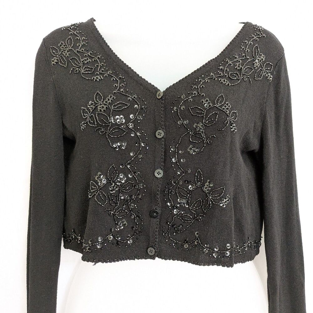 VTG Black Beaded Sequin Cropped Cardigan Sweater Floral Embroidered Hong Kong